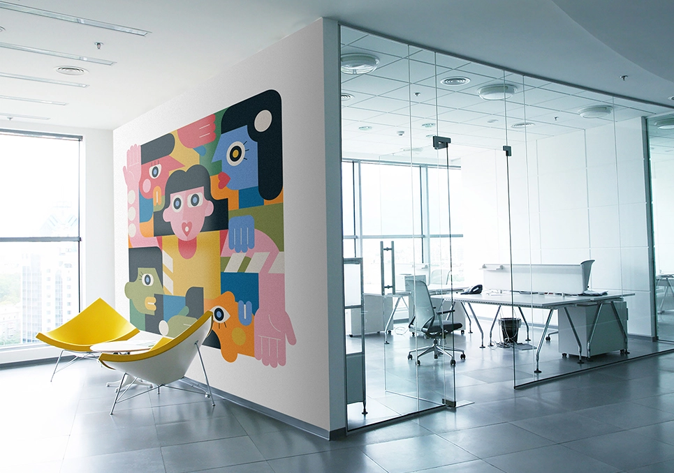 Kreator Ścian wizualizacja druku na ścianie - teamwork w stylu surrealistycznym