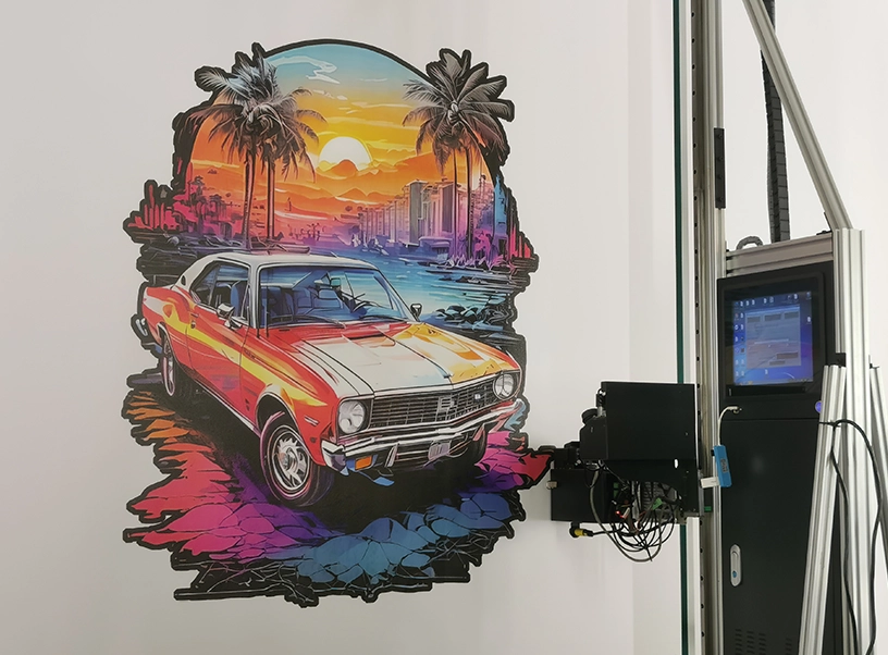 Wydruk na ścianie, ilustracja samochód i zachodzące słońce.