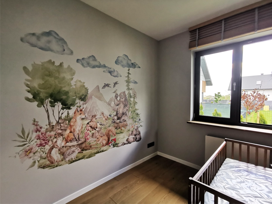 Wydruk na ścianie w stylistyce farby wodnej, leśne zwierzęta.