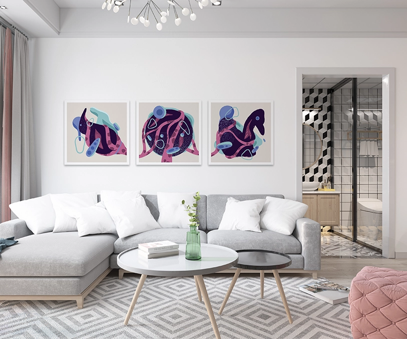 Kreator Ścian wizualizacja druku na ścianie - abstrakcyjny tryptyk