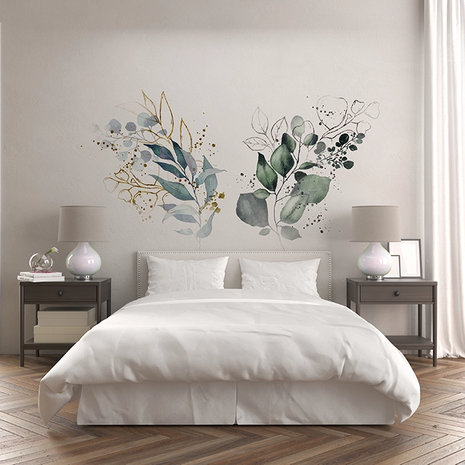 Kreator Ścian wizualizacja druku na ścianie - liście w technice farby wodnej